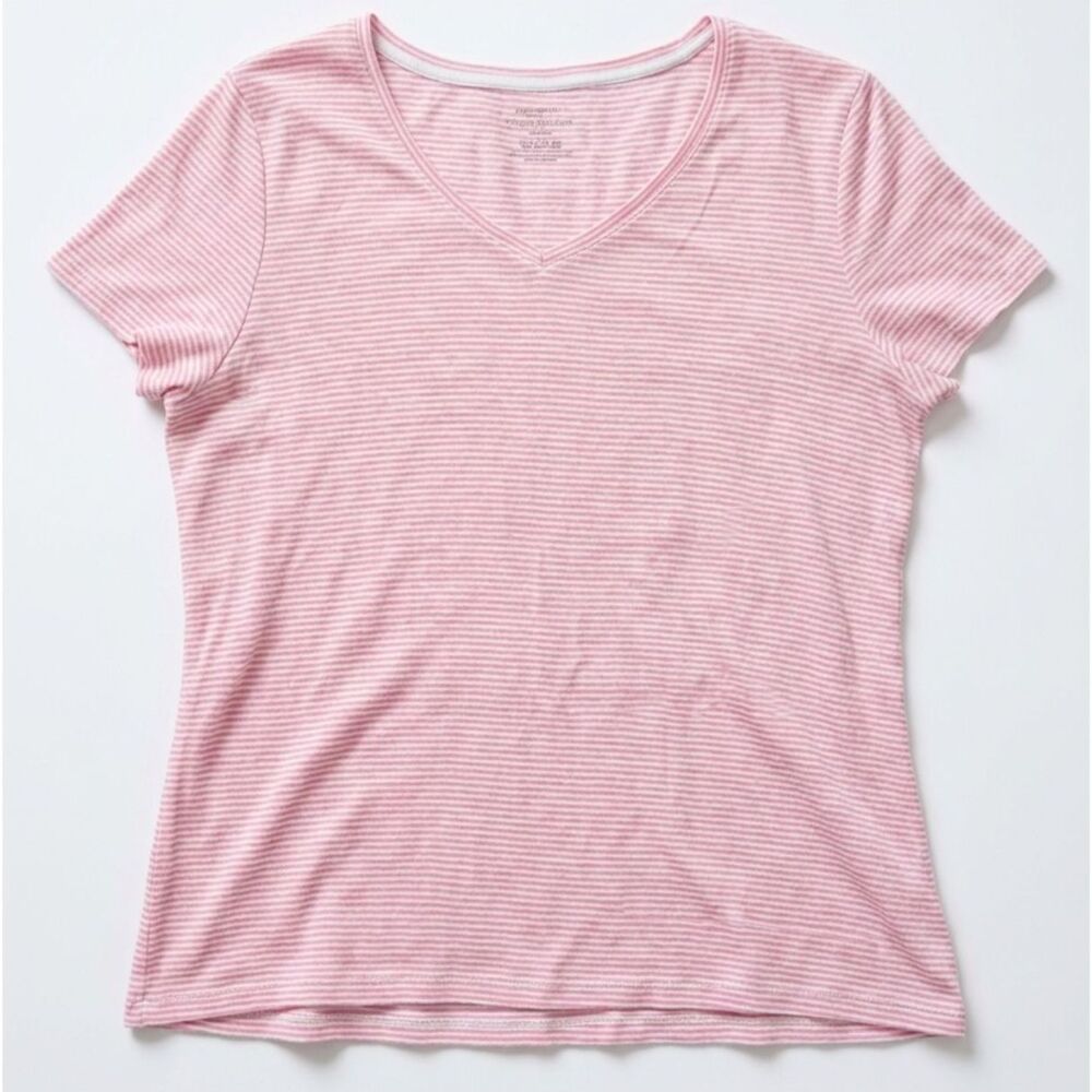 Talbots V-Neck T-Shirt Pink & White Stripes Size XL Petite 100% Cotton Tee